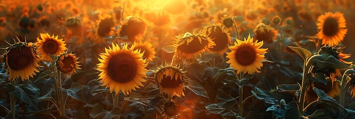 A field of sunflowers basks in the golden light of sunset, their faces turned towards the fading sun. - obrazy, fototapety, plakaty
