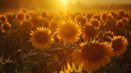 A field of sunflowers basks in the golden light of sunset, their faces turned towards the fading sun.