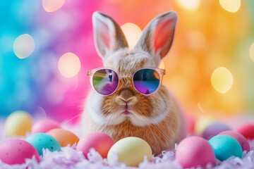 Fototapeta na wymiar Easter bunny wearing sunglasses surrounded by colorful easter eggs, pastel rainbow background.