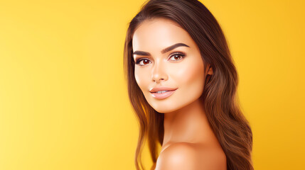 Fototapeta premium Portrait of a beautiful, elegant, sexy Latino, Spain woman with perfect skin, on a yellow background, banner.