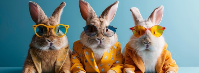 Rabbit with sunglasses and a colorful suit with an Easter party concept banner. Three rabbits dressed up as people wearing stylish outfits.