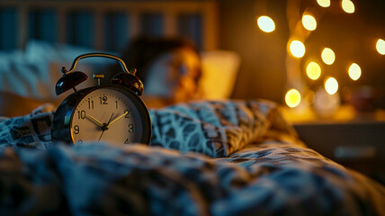 Classic alarm clock on a nightstand with a sleeping woman. - obrazy, fototapety, plakaty