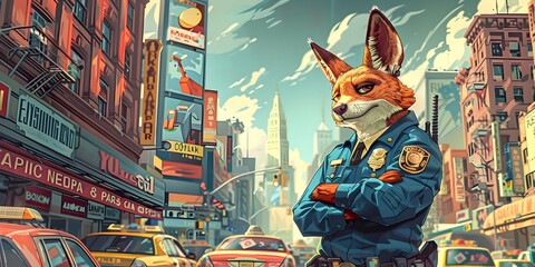 Anthropomorphic Police Officer Directing Traffic in a Bustling Cityscape