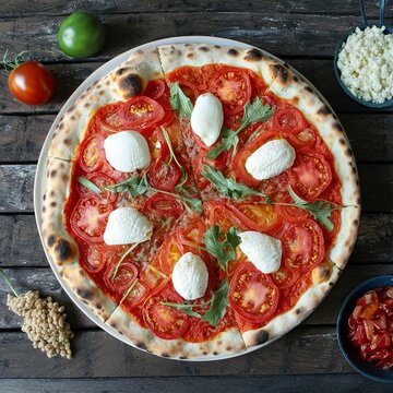 Home maid fresh pizza with tomatoes, rucola and mozzarella cheese over a wooden background