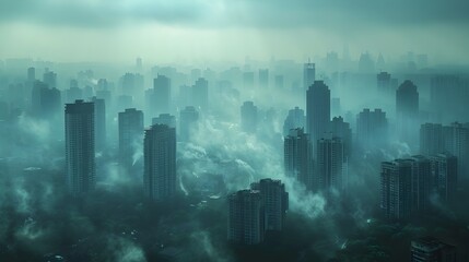 Fototapeta premium Shrouded Metropolis: An Atmospheric Cityscape Enveloped in Smog and Uncertainty