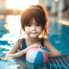  Child in swimming pool with ball. Kids swim.