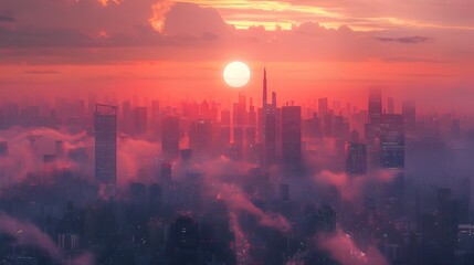 Radiant Skyline Shrouded in Smog: A Dystopian Glimpse of Urban Transformation - obrazy, fototapety, plakaty