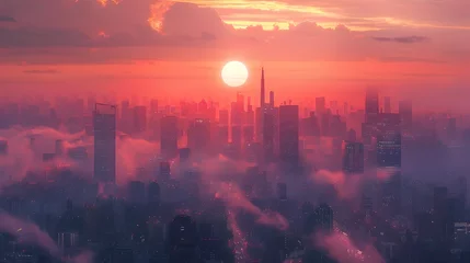 Fotobehang Radiant Skyline Shrouded in Smog: A Dystopian Glimpse of Urban Transformation © Bussakon