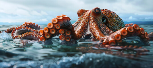 the tentacles of a huge octopus monster peek out of the water - obrazy, fototapety, plakaty