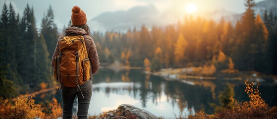 Adventurer in warm attire sits on a rock facing a peaceful mountain lake, highlighting the beauty of nature and the spirit of outdoor travel.