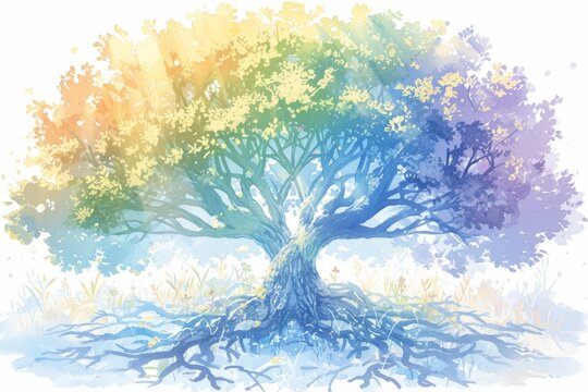 Watercolor tree of life clipart with a white background, illustrated in the style of a rainbow of colors. Tree roots are depicted at the bottom.