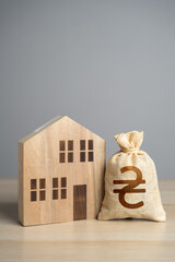Wooden house figure and ukrainian hryvnia money bag. Taxes. Property value appraisal. Make a deal....