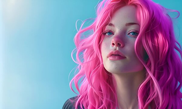 A girl with pink hair and freckles, a portrait on a blue background. The concept of youth and freshness.