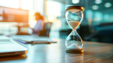 Hourglass on an office table with a blurred background, symbolizing the passage of time and productivity. - obrazy, fototapety, plakaty