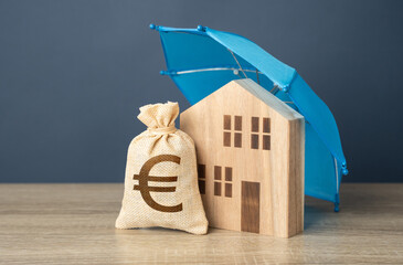 House with euro money bag and blue umbrella. Property insurance. Financial security. Protect...