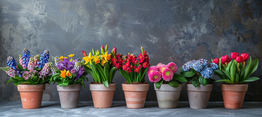 Spring flowers of different colors in pots