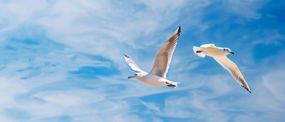 panoramic view of  seagull flying in the blue sky