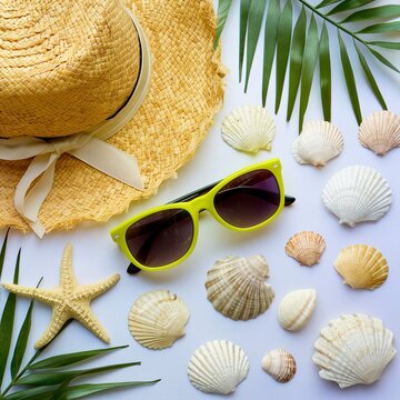 Summer beach dress items - shells, starfish, sunglasses, straw hats on a white background For pictures, travel, holidays and travel