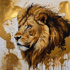 Experience abstract artistry with textured shadows, golden splashes, and alcohol ink on canvas, evoking the untamed spirit of lions in vibrant relief.