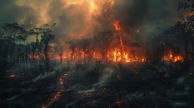 A bushfire burning orange and red at night concept