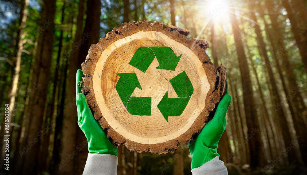Poster sustainable resources and zero waste concept. gloved hands holding a cross section of a tree trunk w