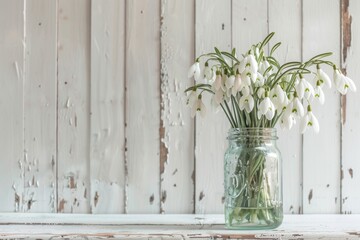 Fototapeta na wymiar An artfully arranged bouquet of snowdrops in a vintage glass jar, placed on a distressed white painted wooden table.