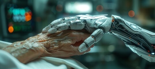 Medical AI robot helping elderly people, holding old person hand. support sympathy