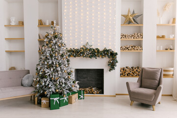 Beautiful New Year home decor, Christmas tree , armchair and fireplace
