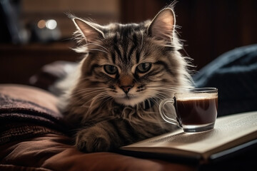 Kitten Lies On A Soft Couch, Reading A Book Like A Human With Coffee Cup - 761310454