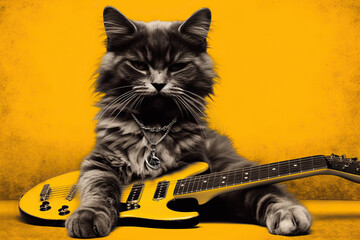 Adorable Cat Holding Toy Electric Guitar On An Orange Background , Rock Musician Concept - 761310460