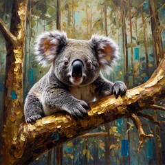 Fototapeta premium Enchanted Canopy: Abstract Reverie with Koala Adornments. Enter a mystical forest where koalas adorn an abstract canvas. Rich paints, textures, and shadows create depth, while gold elements and alcoho