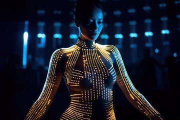 Gorgeous Model In A Glowing Futuristic Outfit, Light Show At A Fashion Event - 761310480