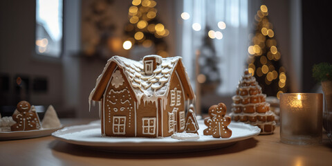 Cose-up of a gingerbread house on a table with blurred background - 761310602