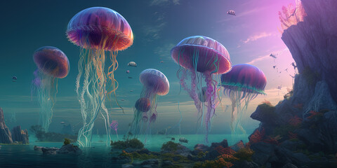 Naklejka premium Illustration Of Big Fantastic Jellyfish Flying In The Sky In Imaginary World