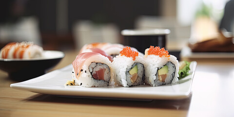 Sushi rolls on a plate in a kitchen or restaurant with a blurred background - 761310613