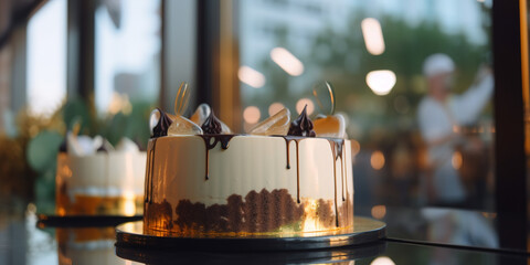 Close-up of a chocolate cake standing in a display case with blurred background - 761310621