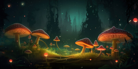 Illustration Fabulous Magic Mushrooms Lighting In Night Forest - 761310633