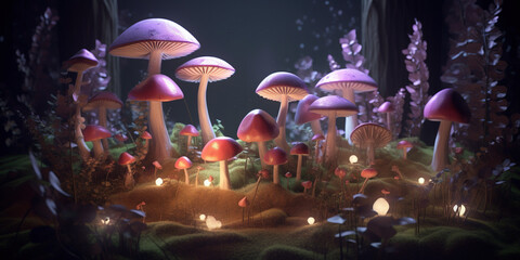 Magical Illustration Of Illuminated Mushrooms In Fairly World - 761310654