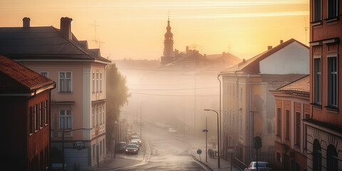 European City With Mist On A Streets, In Early Morning - 761310674