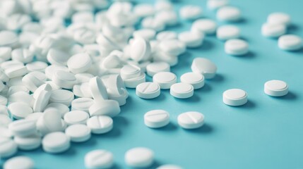 Various white pills macro on blue background