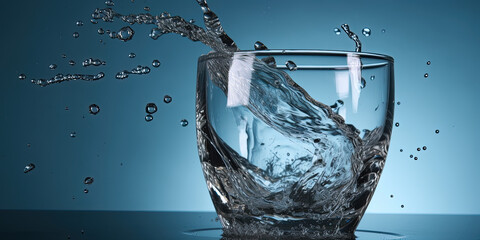 Fresh water in a glass with splashes and drops on a blue background - 761310812