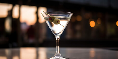 Cocktail martini with two olives in glass on a bar counter - 761310825