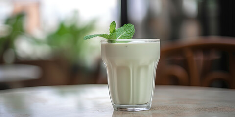 Milk cocktail with mint on a table in cafe - 761310830