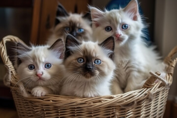 Ragdoll Cat And Its Kitten Sitting In Basket At Cozy Home - 761310844
