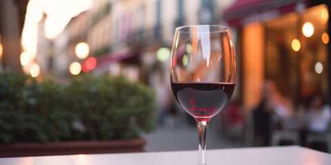 Glass of red wine on a cafe table in touristic place - 761310846