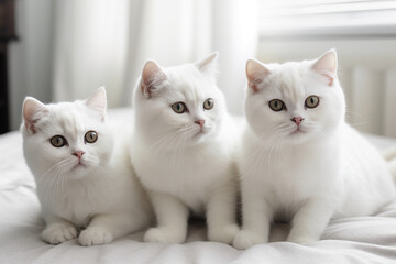 Three Amazing Scottish Fold White Cats On A Bed At Home - 761310851