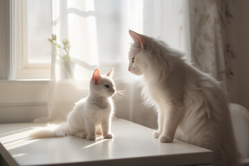 Norwegian Forest White Cat And Its Kitten Playing In White Kitchen - 761310855