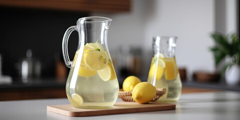 Glass jugs with fresh cold lemonade with lemons on a kitchen table - 761310858