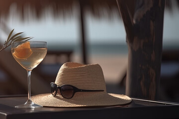 Close-Up Shot Of A Beach Hat And Cocktail With A Beach In Blurred The Background - 761310861