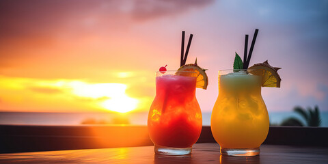 Close-up shot of a pair of tropical cocktails with a sunset in blurred the background - 761310880